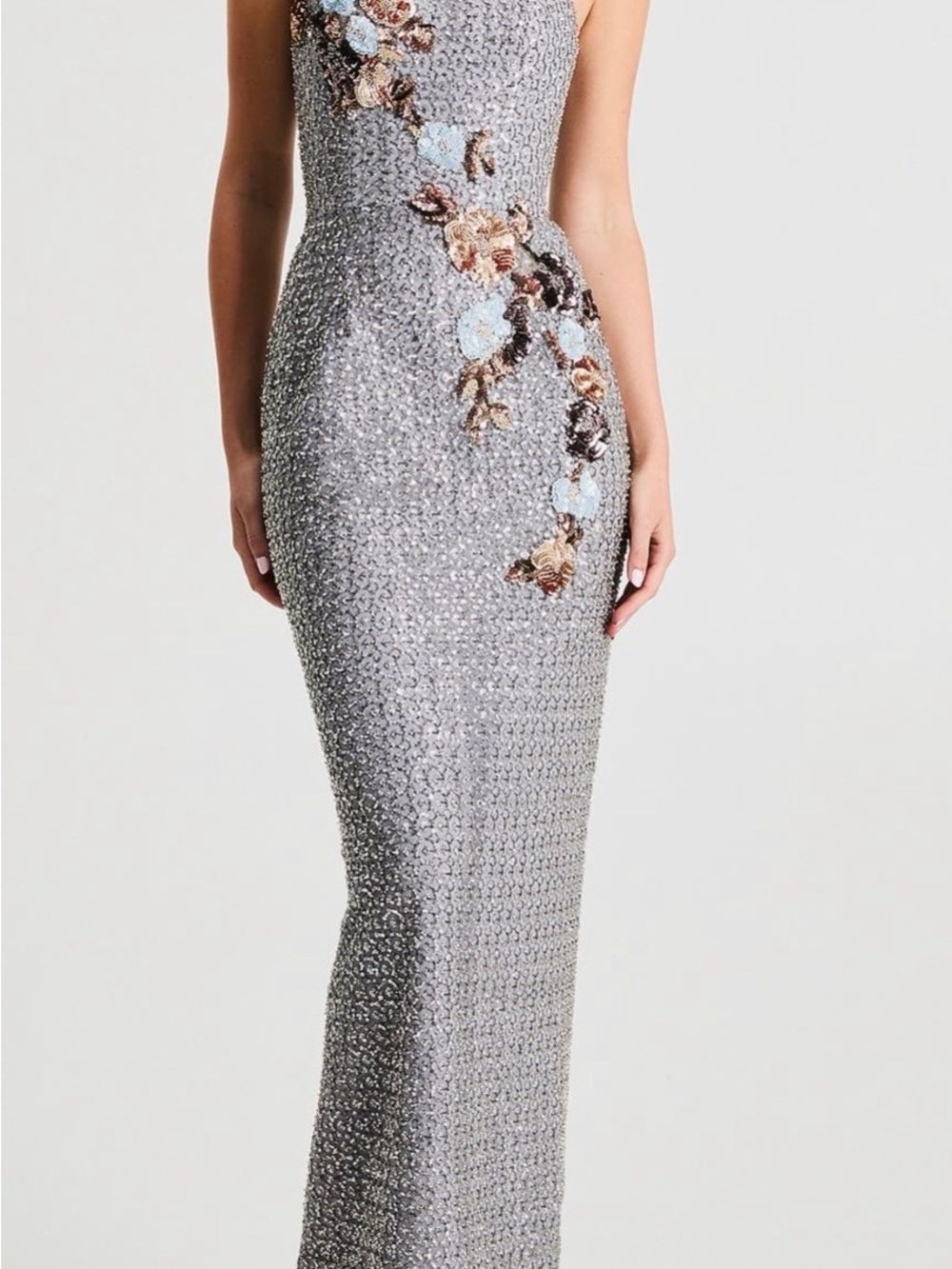 Silver Sequin Maxi Dress with Floral Appliqué